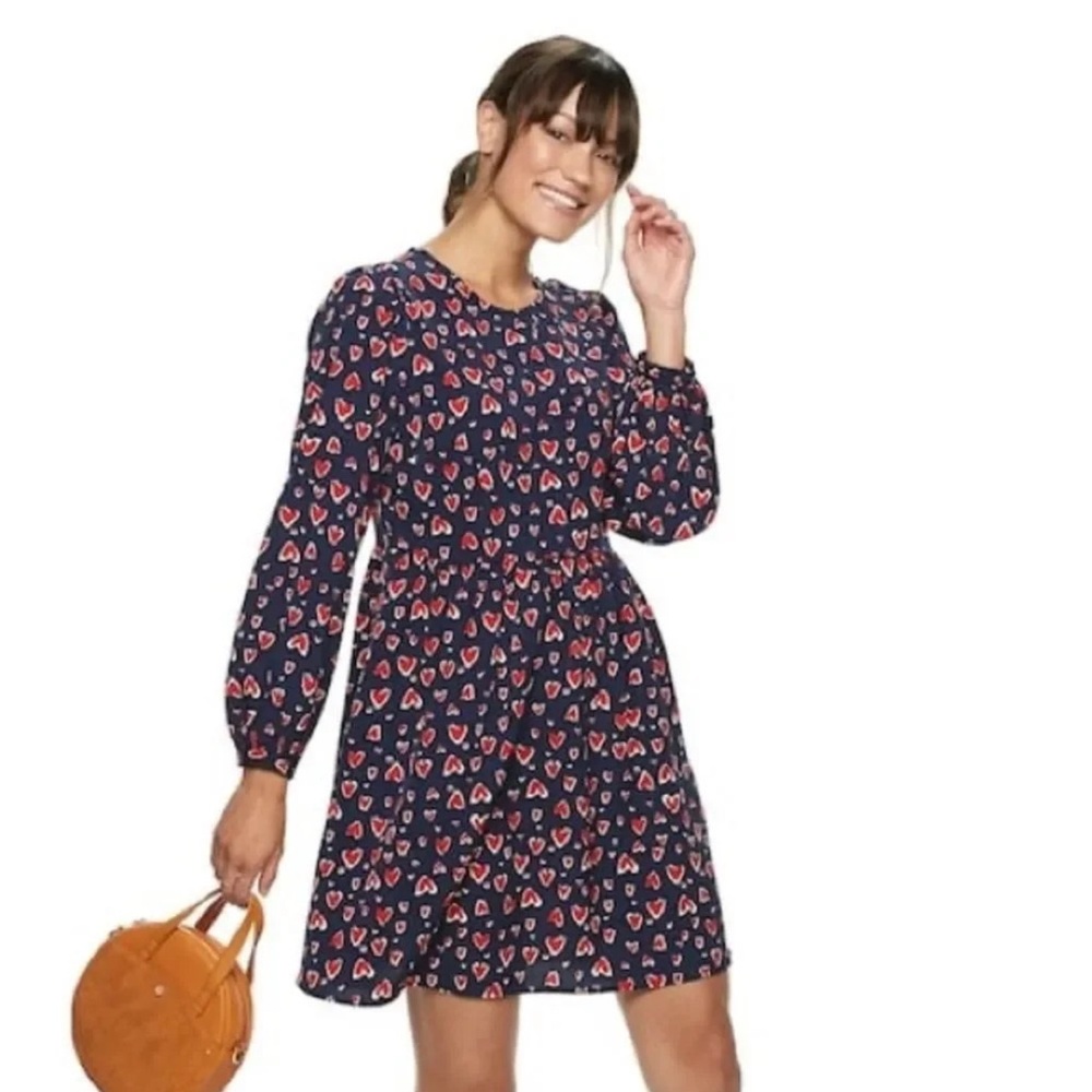 Popsugar Navy Blue and Red Heart Long Sleeve Dress Size Small